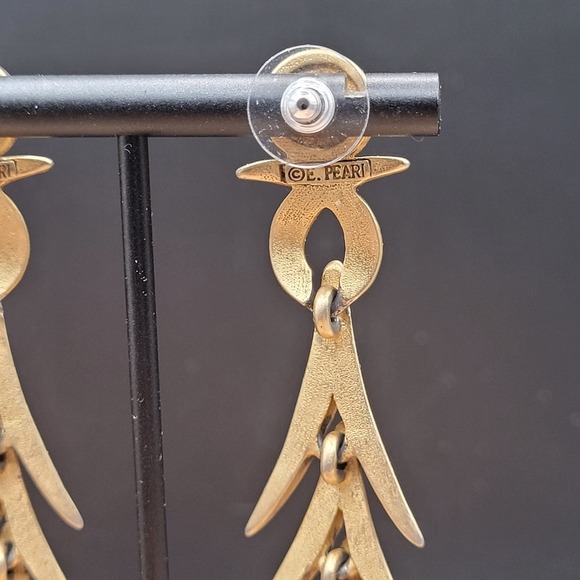 Vintage Signed Erwin Pearl MCM Abstract Brushed Gold Tone Dangle Earrings - Picture 3 of 3